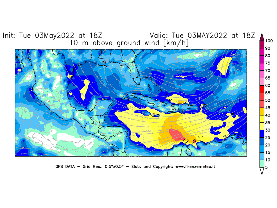Mappa di analisi GFS - Velocità del vento a 10 metri dal suolo [km/h] in Centro-America
									del 03/05/2022 18 <!--googleoff: index-->UTC<!--googleon: index-->