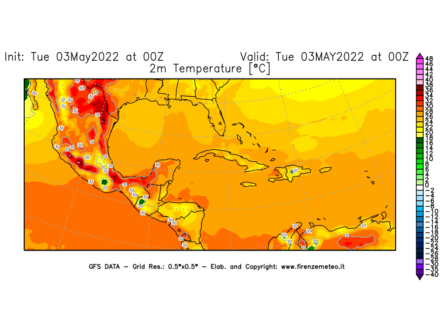 Mappa di analisi GFS - Temperatura a 2 metri dal suolo [°C] in Centro-America
									del 03/05/2022 00 <!--googleoff: index-->UTC<!--googleon: index-->