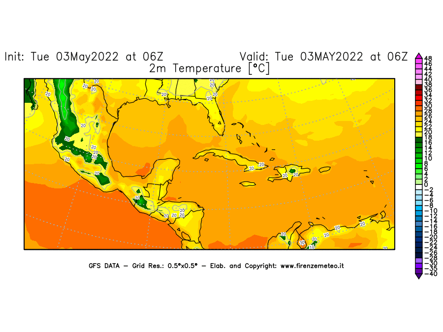 Mappa di analisi GFS - Temperatura a 2 metri dal suolo [°C] in Centro-America
									del 03/05/2022 06 <!--googleoff: index-->UTC<!--googleon: index-->