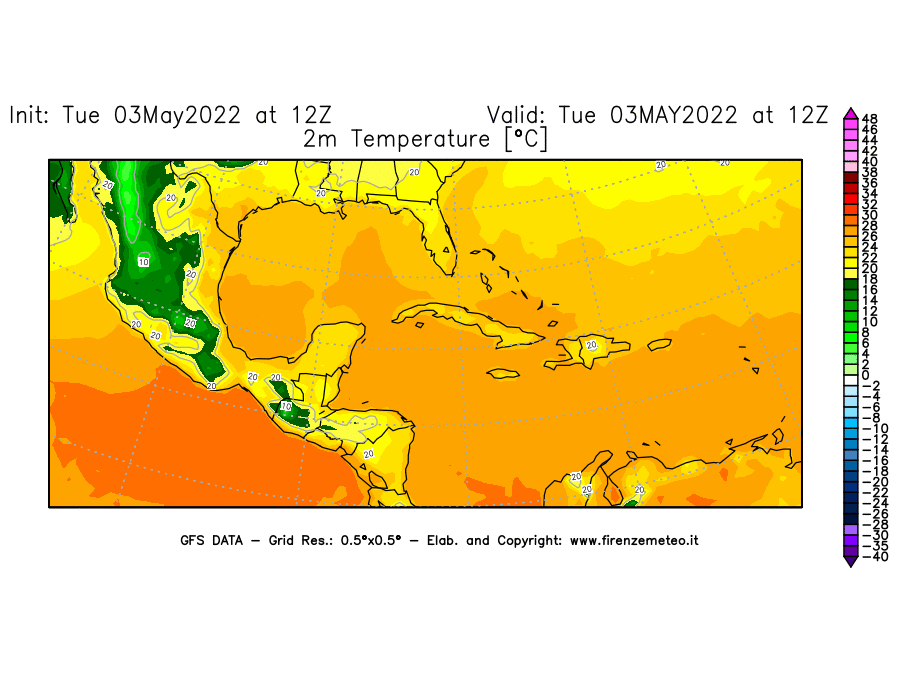Mappa di analisi GFS - Temperatura a 2 metri dal suolo [°C] in Centro-America
									del 03/05/2022 12 <!--googleoff: index-->UTC<!--googleon: index-->