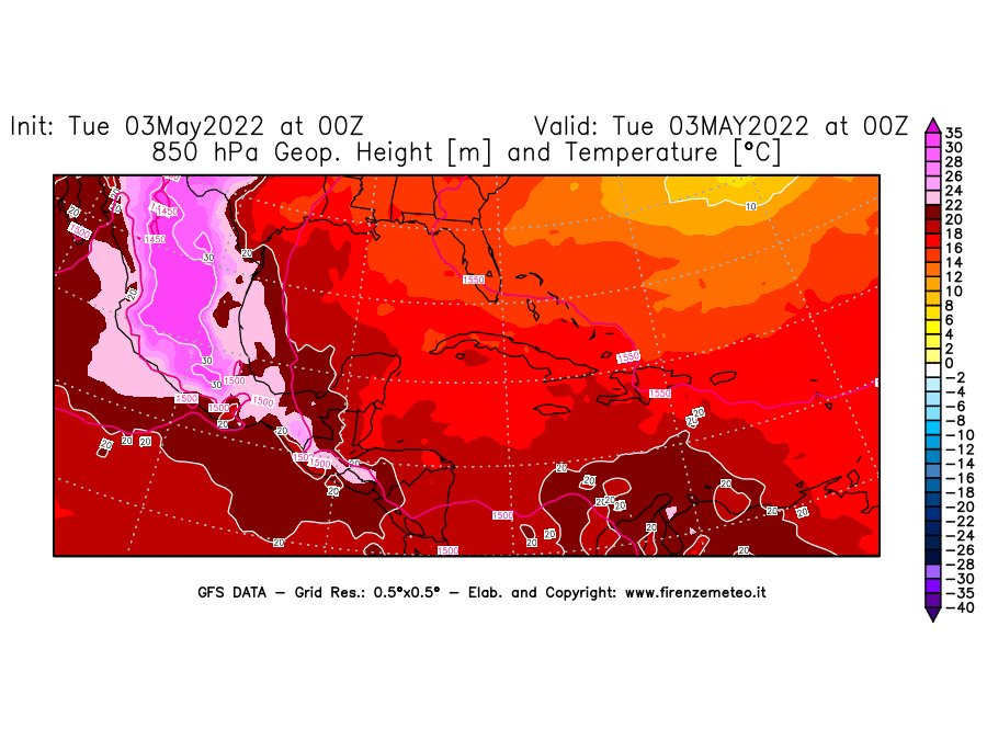 Mappa di analisi GFS - Geopotenziale [m] e Temperatura [°C] a 850 hPa in Centro-America
									del 03/05/2022 00 <!--googleoff: index-->UTC<!--googleon: index-->