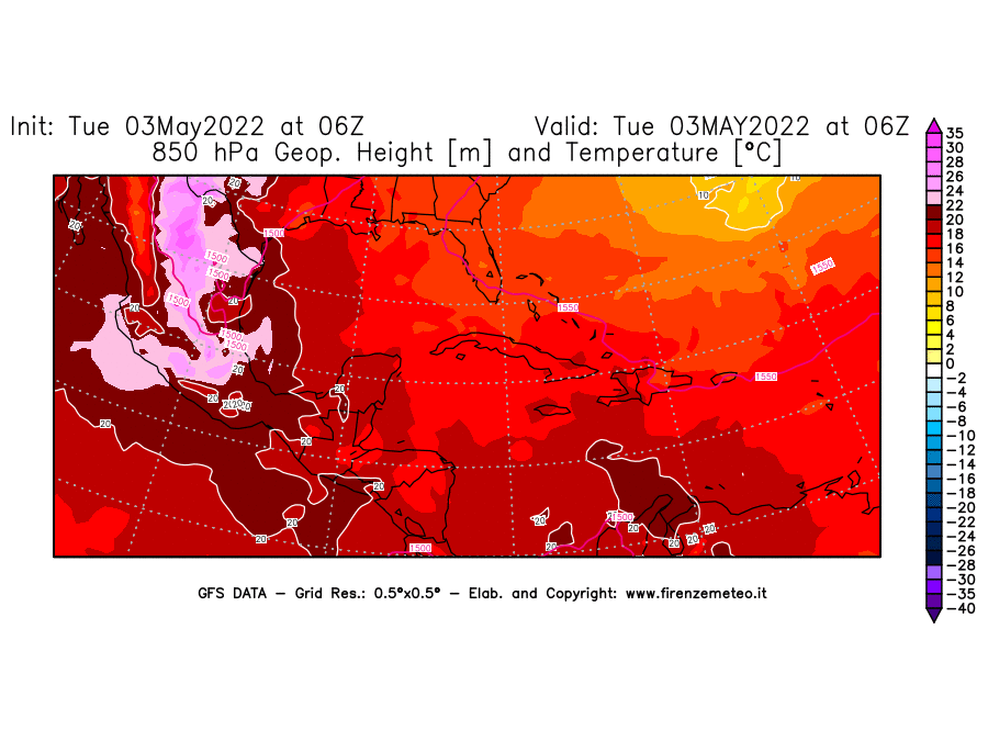 Mappa di analisi GFS - Geopotenziale [m] e Temperatura [°C] a 850 hPa in Centro-America
									del 03/05/2022 06 <!--googleoff: index-->UTC<!--googleon: index-->