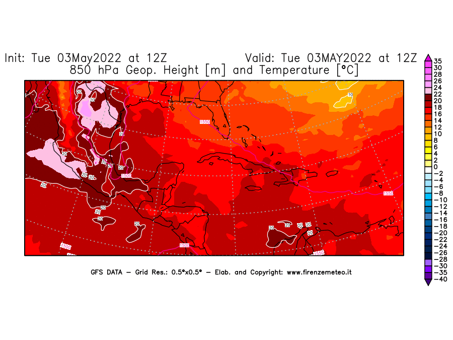Mappa di analisi GFS - Geopotenziale [m] e Temperatura [°C] a 850 hPa in Centro-America
									del 03/05/2022 12 <!--googleoff: index-->UTC<!--googleon: index-->