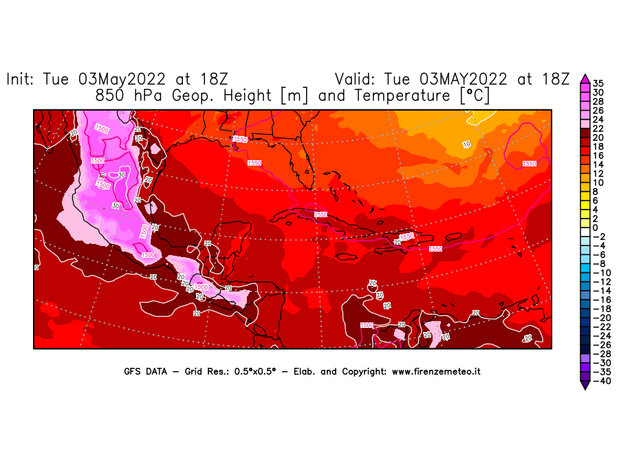 Mappa di analisi GFS - Geopotenziale [m] e Temperatura [°C] a 850 hPa in Centro-America
									del 03/05/2022 18 <!--googleoff: index-->UTC<!--googleon: index-->