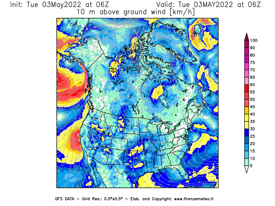 Mappa di analisi GFS - Velocità del vento a 10 metri dal suolo [km/h] in Nord-America
									del 03/05/2022 06 <!--googleoff: index-->UTC<!--googleon: index-->