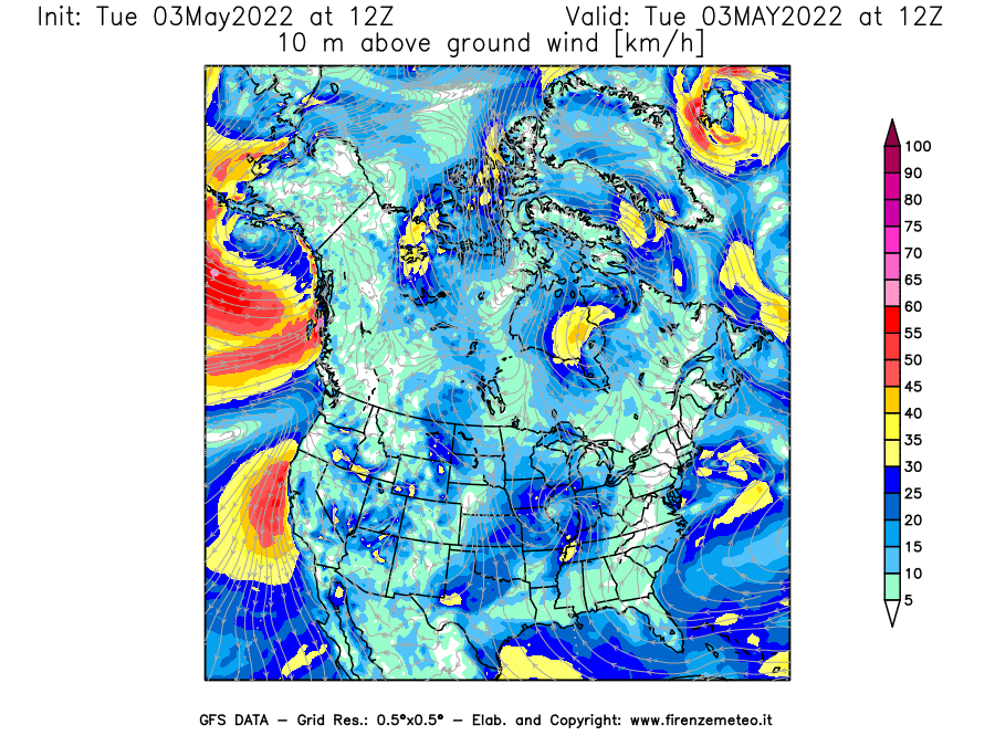 Mappa di analisi GFS - Velocità del vento a 10 metri dal suolo [km/h] in Nord-America
									del 03/05/2022 12 <!--googleoff: index-->UTC<!--googleon: index-->