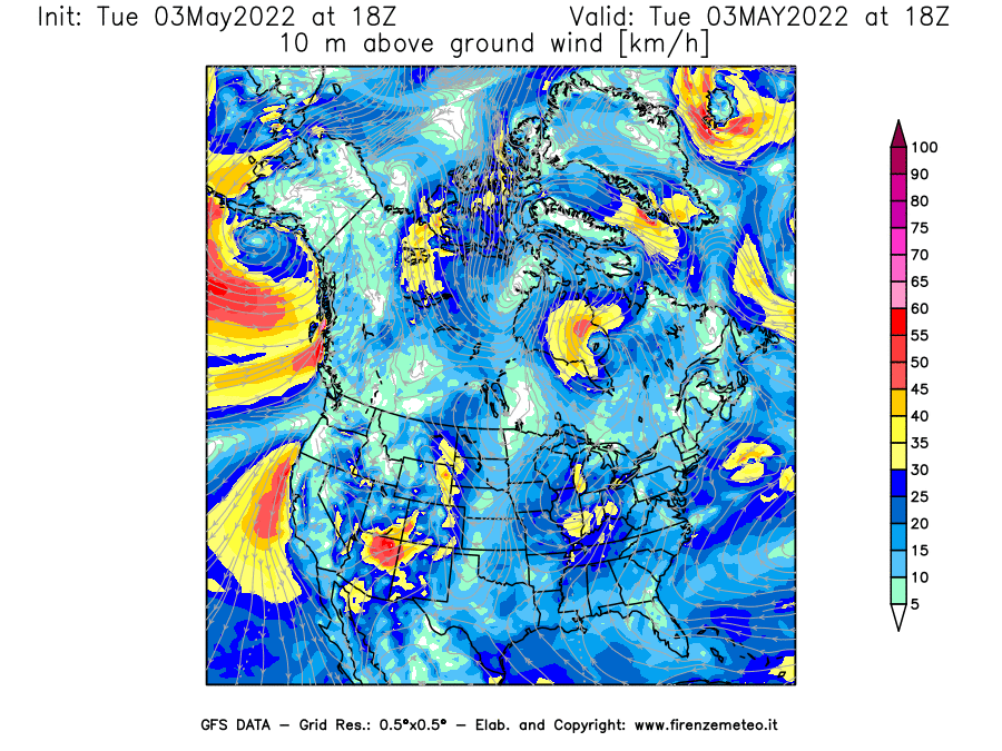Mappa di analisi GFS - Velocità del vento a 10 metri dal suolo [km/h] in Nord-America
									del 03/05/2022 18 <!--googleoff: index-->UTC<!--googleon: index-->