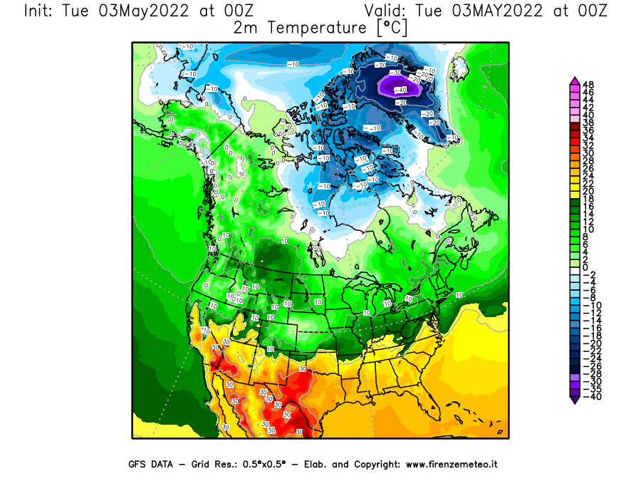 Mappa di analisi GFS - Temperatura a 2 metri dal suolo [°C] in Nord-America
									del 03/05/2022 00 <!--googleoff: index-->UTC<!--googleon: index-->