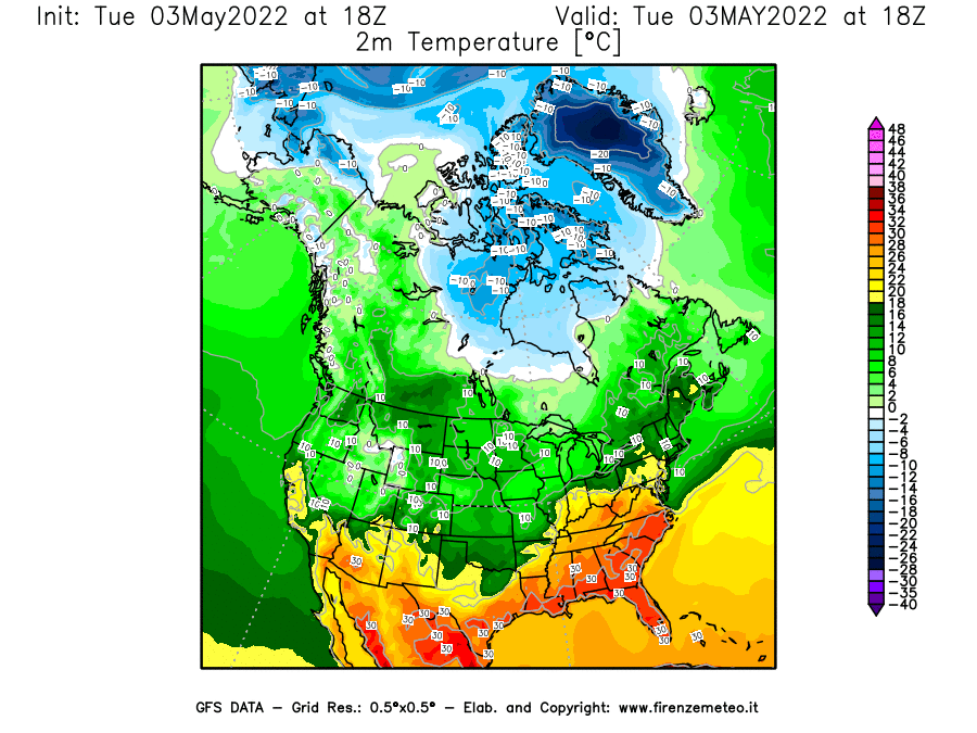 Mappa di analisi GFS - Temperatura a 2 metri dal suolo [°C] in Nord-America
									del 03/05/2022 18 <!--googleoff: index-->UTC<!--googleon: index-->