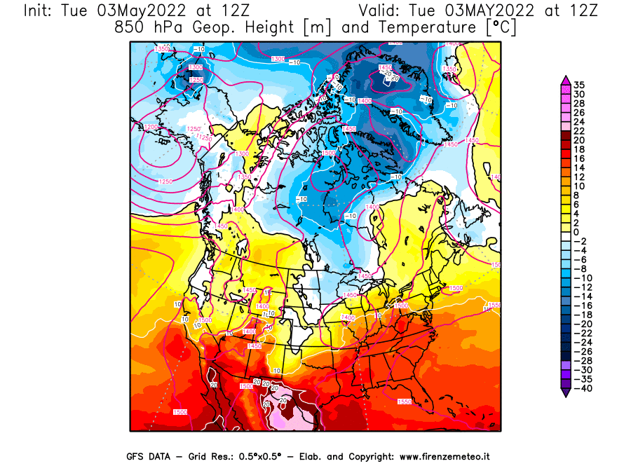 Mappa di analisi GFS - Geopotenziale [m] e Temperatura [°C] a 850 hPa in Nord-America
									del 03/05/2022 12 <!--googleoff: index-->UTC<!--googleon: index-->