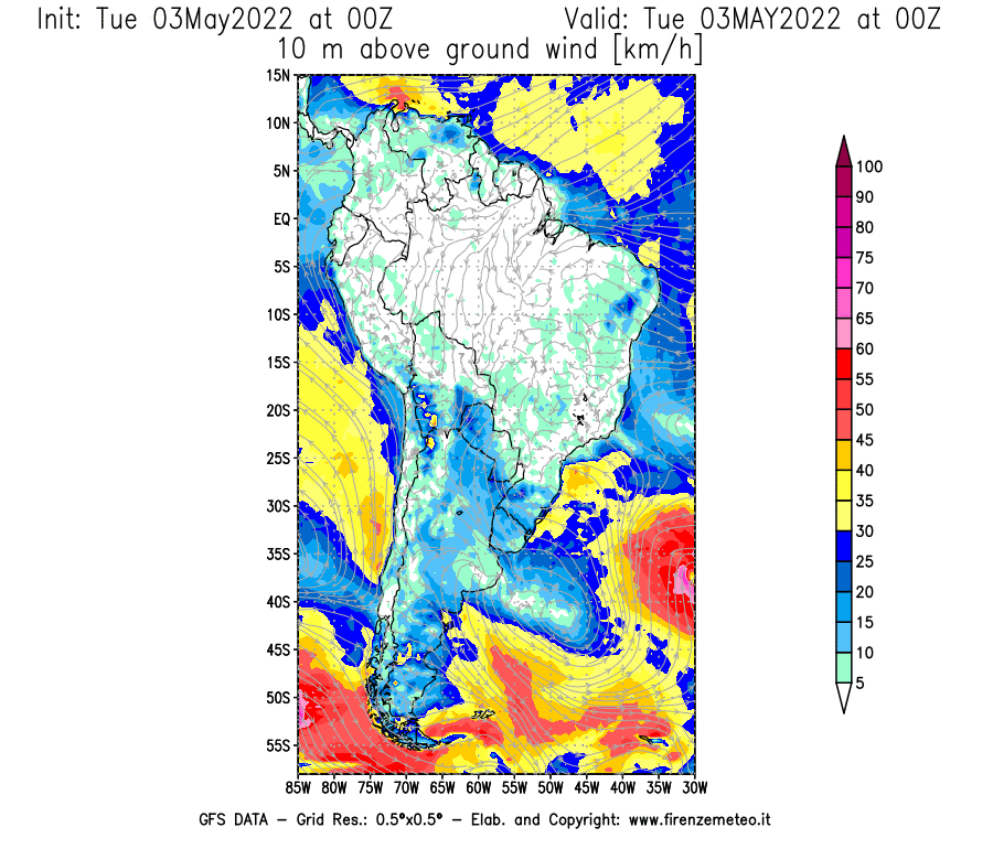 Mappa di analisi GFS - Velocità del vento a 10 metri dal suolo [km/h] in Sud-America
									del 03/05/2022 00 <!--googleoff: index-->UTC<!--googleon: index-->