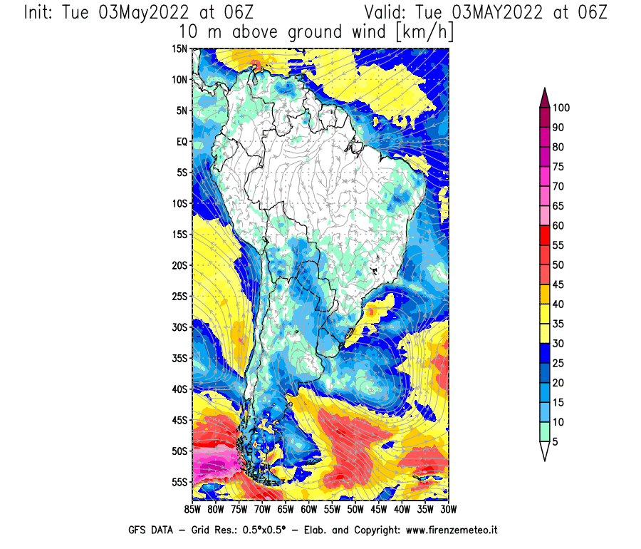 Mappa di analisi GFS - Velocità del vento a 10 metri dal suolo [km/h] in Sud-America
									del 03/05/2022 06 <!--googleoff: index-->UTC<!--googleon: index-->