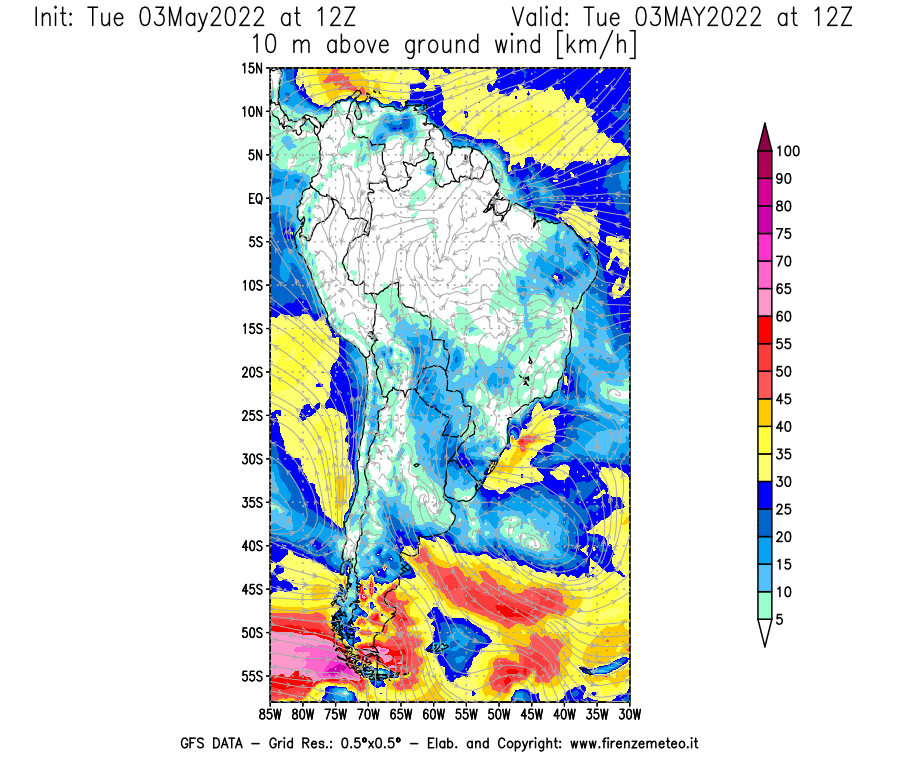 Mappa di analisi GFS - Velocità del vento a 10 metri dal suolo [km/h] in Sud-America
									del 03/05/2022 12 <!--googleoff: index-->UTC<!--googleon: index-->