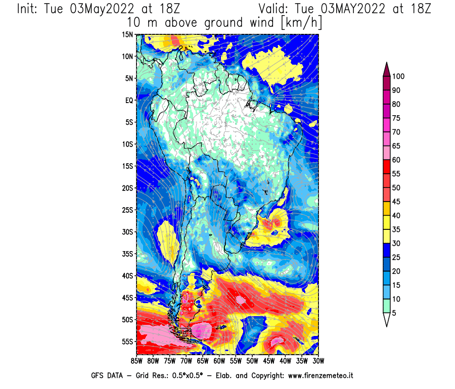 Mappa di analisi GFS - Velocità del vento a 10 metri dal suolo [km/h] in Sud-America
									del 03/05/2022 18 <!--googleoff: index-->UTC<!--googleon: index-->