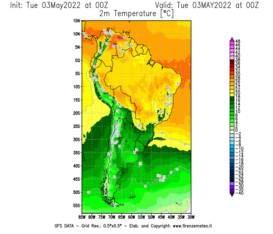 Mappa di analisi GFS - Temperatura a 2 metri dal suolo [°C] in Sud-America
									del 03/05/2022 00 <!--googleoff: index-->UTC<!--googleon: index-->