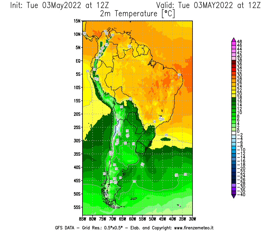 Mappa di analisi GFS - Temperatura a 2 metri dal suolo [°C] in Sud-America
									del 03/05/2022 12 <!--googleoff: index-->UTC<!--googleon: index-->