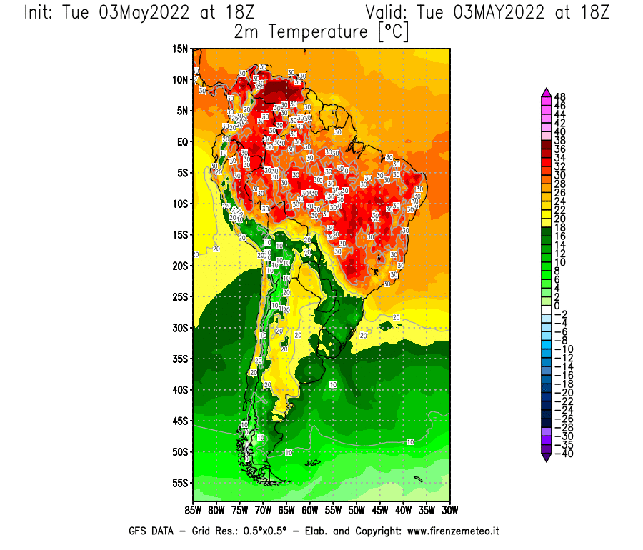 Mappa di analisi GFS - Temperatura a 2 metri dal suolo [°C] in Sud-America
									del 03/05/2022 18 <!--googleoff: index-->UTC<!--googleon: index-->