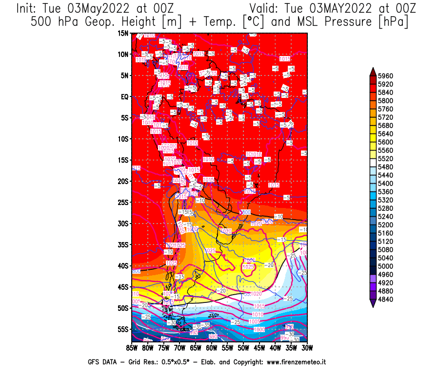 Mappa di analisi GFS - Geopotenziale [m] + Temp. [°C] a 500 hPa + Press. a livello del mare [hPa] in Sud-America
									del 03/05/2022 00 <!--googleoff: index-->UTC<!--googleon: index-->