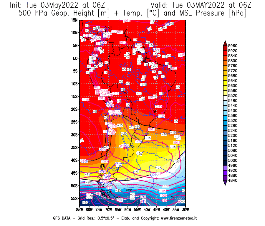 Mappa di analisi GFS - Geopotenziale [m] + Temp. [°C] a 500 hPa + Press. a livello del mare [hPa] in Sud-America
									del 03/05/2022 06 <!--googleoff: index-->UTC<!--googleon: index-->