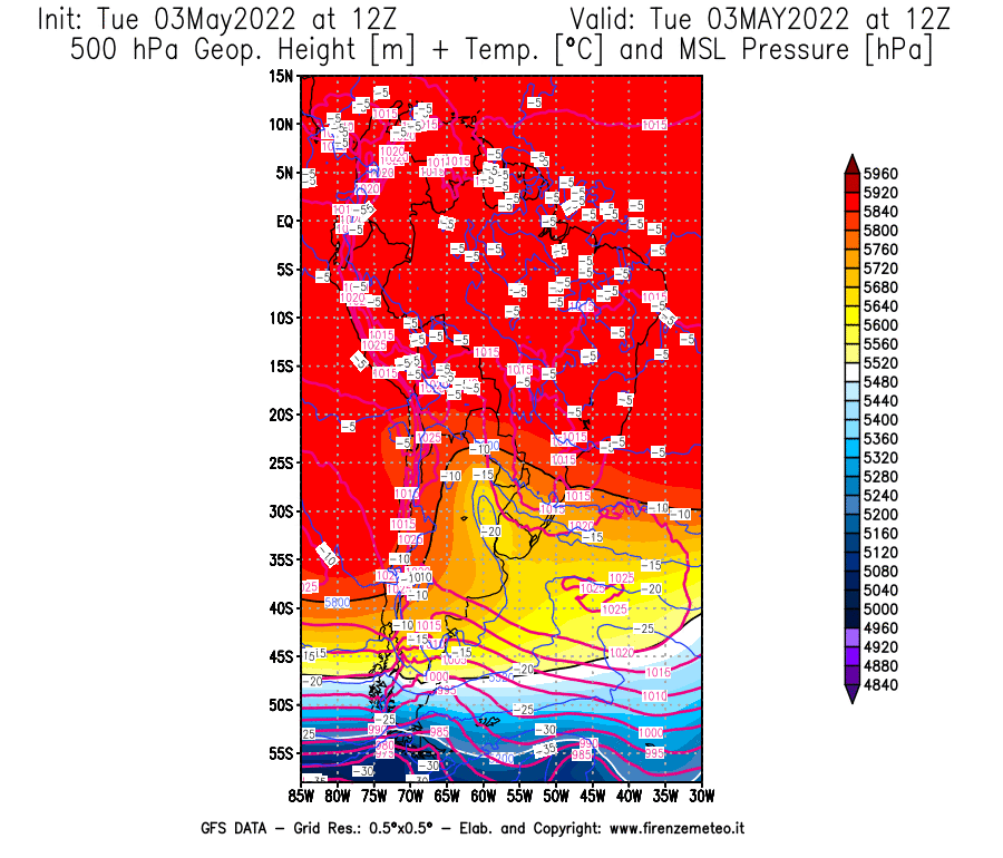 Mappa di analisi GFS - Geopotenziale [m] + Temp. [°C] a 500 hPa + Press. a livello del mare [hPa] in Sud-America
									del 03/05/2022 12 <!--googleoff: index-->UTC<!--googleon: index-->