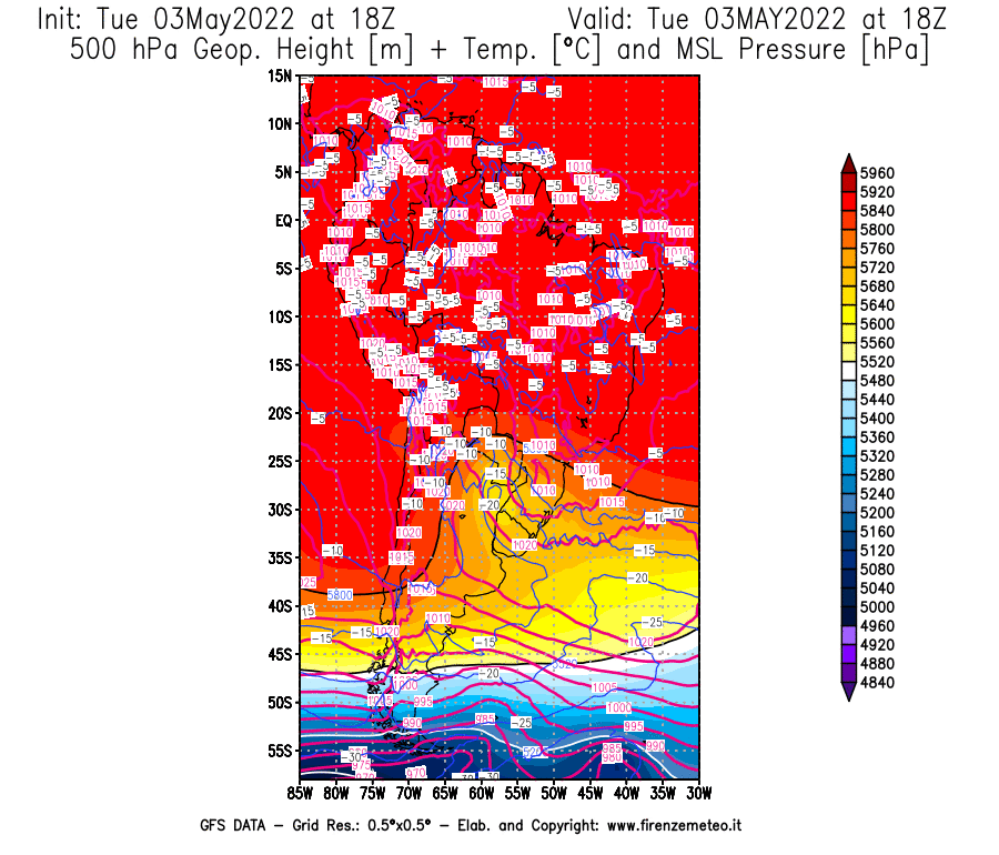 Mappa di analisi GFS - Geopotenziale [m] + Temp. [°C] a 500 hPa + Press. a livello del mare [hPa] in Sud-America
									del 03/05/2022 18 <!--googleoff: index-->UTC<!--googleon: index-->