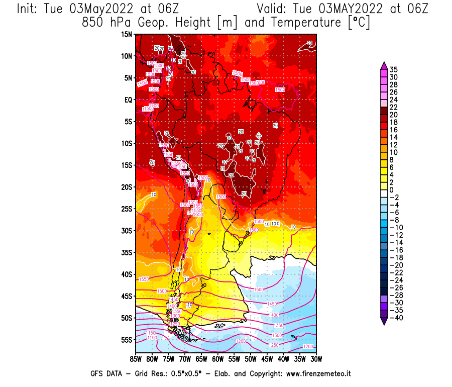 Mappa di analisi GFS - Geopotenziale [m] e Temperatura [°C] a 850 hPa in Sud-America
									del 03/05/2022 06 <!--googleoff: index-->UTC<!--googleon: index-->