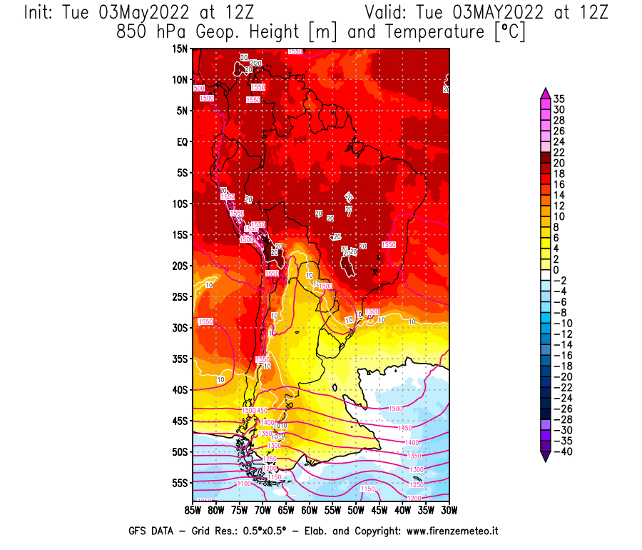 Mappa di analisi GFS - Geopotenziale [m] e Temperatura [°C] a 850 hPa in Sud-America
									del 03/05/2022 12 <!--googleoff: index-->UTC<!--googleon: index-->