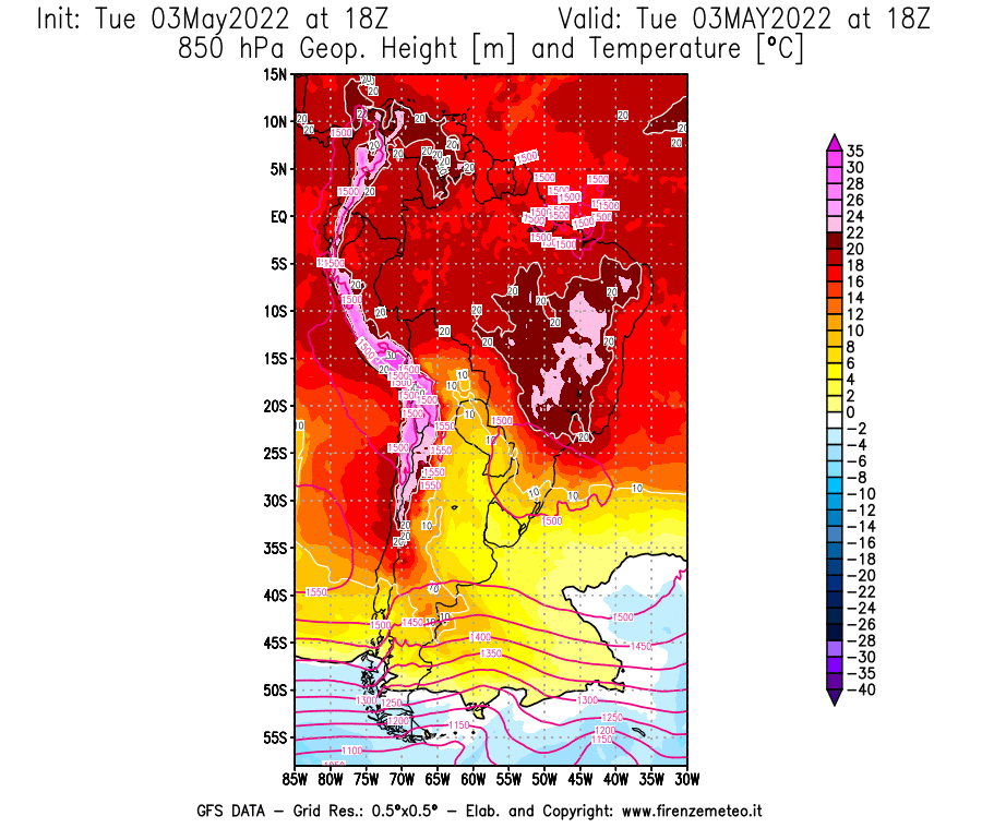Mappa di analisi GFS - Geopotenziale [m] e Temperatura [°C] a 850 hPa in Sud-America
									del 03/05/2022 18 <!--googleoff: index-->UTC<!--googleon: index-->