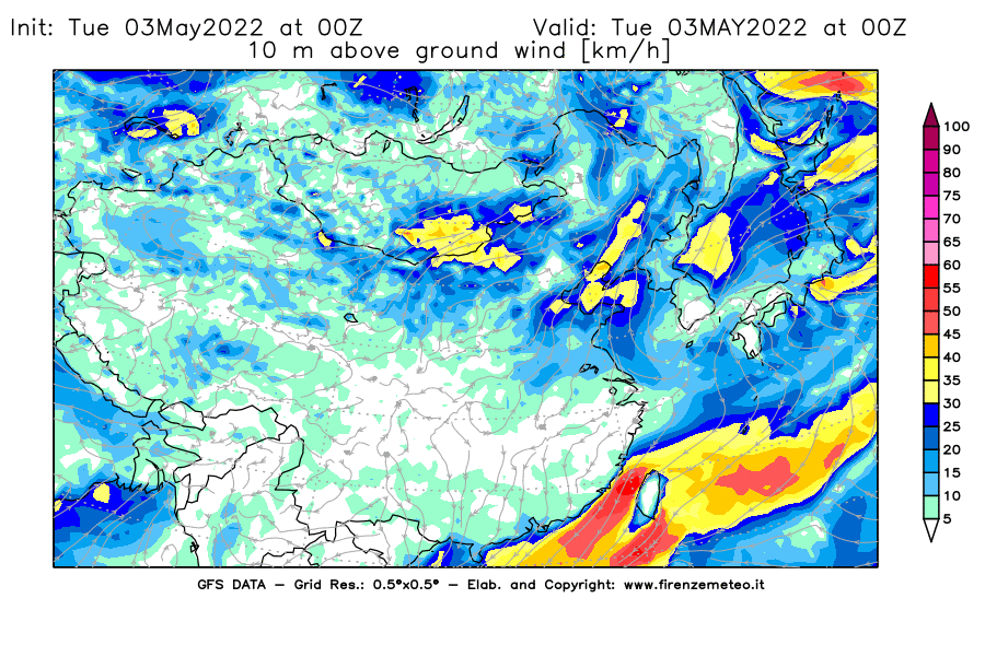 Mappa di analisi GFS - Velocità del vento a 10 metri dal suolo [km/h] in Asia Orientale
									del 03/05/2022 00 <!--googleoff: index-->UTC<!--googleon: index-->
