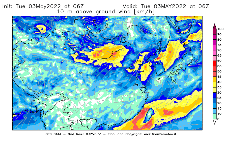 Mappa di analisi GFS - Velocità del vento a 10 metri dal suolo [km/h] in Asia Orientale
									del 03/05/2022 06 <!--googleoff: index-->UTC<!--googleon: index-->
