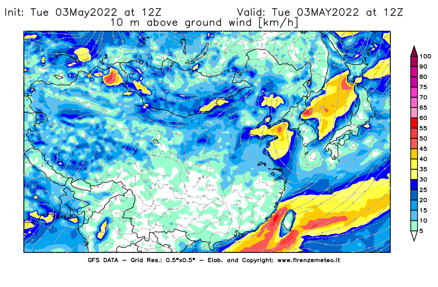 Mappa di analisi GFS - Velocità del vento a 10 metri dal suolo [km/h] in Asia Orientale
									del 03/05/2022 12 <!--googleoff: index-->UTC<!--googleon: index-->