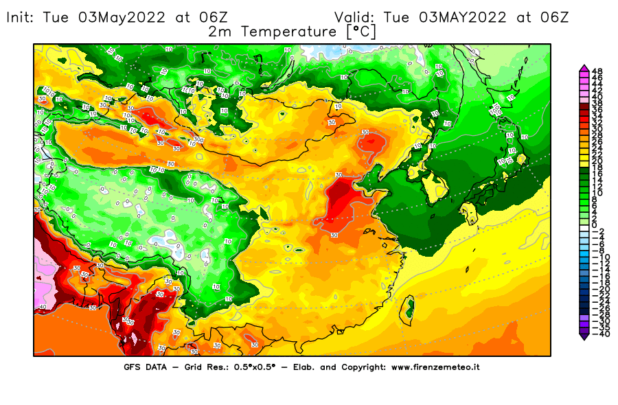 Mappa di analisi GFS - Temperatura a 2 metri dal suolo [°C] in Asia Orientale
									del 03/05/2022 06 <!--googleoff: index-->UTC<!--googleon: index-->