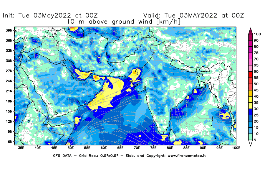 Mappa di analisi GFS - Velocità del vento a 10 metri dal suolo [km/h] in Asia Sud-Occidentale
									del 03/05/2022 00 <!--googleoff: index-->UTC<!--googleon: index-->