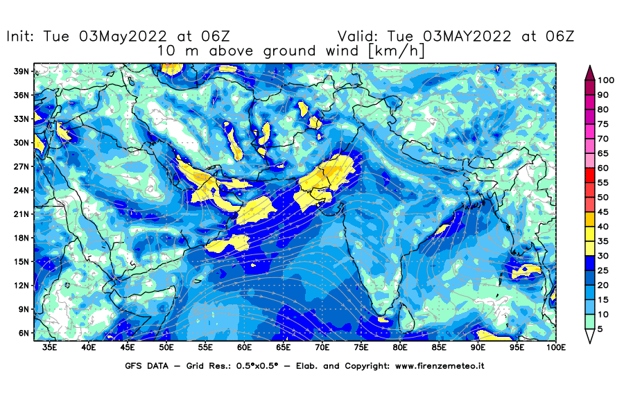 Mappa di analisi GFS - Velocità del vento a 10 metri dal suolo [km/h] in Asia Sud-Occidentale
									del 03/05/2022 06 <!--googleoff: index-->UTC<!--googleon: index-->