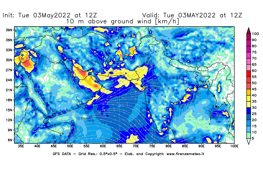 Mappa di analisi GFS - Velocità del vento a 10 metri dal suolo [km/h] in Asia Sud-Occidentale
									del 03/05/2022 12 <!--googleoff: index-->UTC<!--googleon: index-->