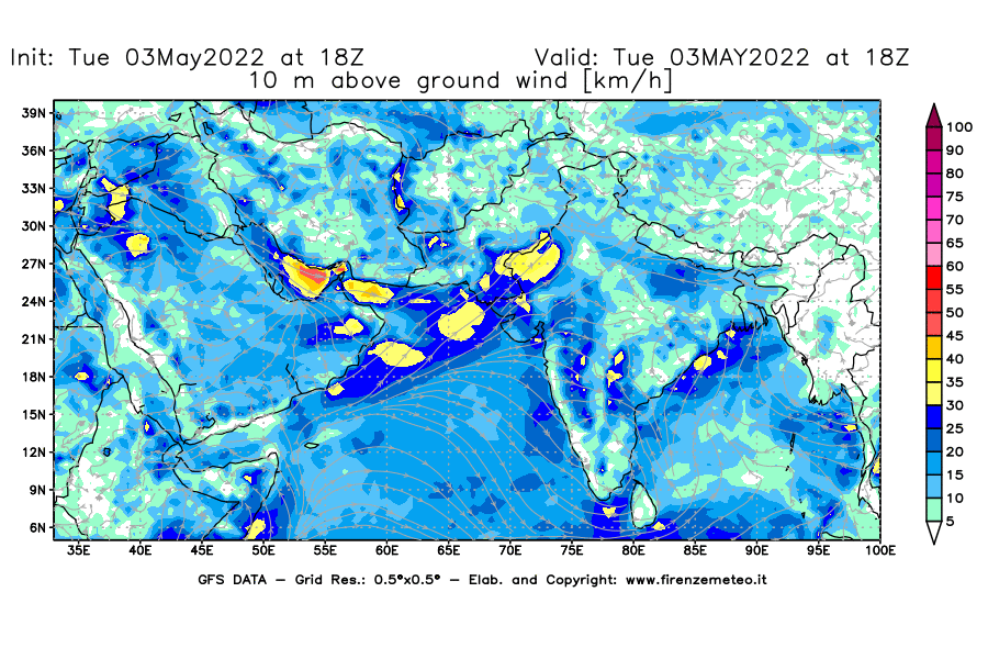 Mappa di analisi GFS - Velocità del vento a 10 metri dal suolo [km/h] in Asia Sud-Occidentale
									del 03/05/2022 18 <!--googleoff: index-->UTC<!--googleon: index-->