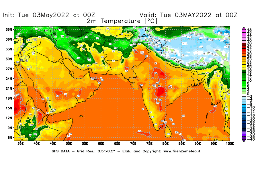 Mappa di analisi GFS - Temperatura a 2 metri dal suolo [°C] in Asia Sud-Occidentale
									del 03/05/2022 00 <!--googleoff: index-->UTC<!--googleon: index-->