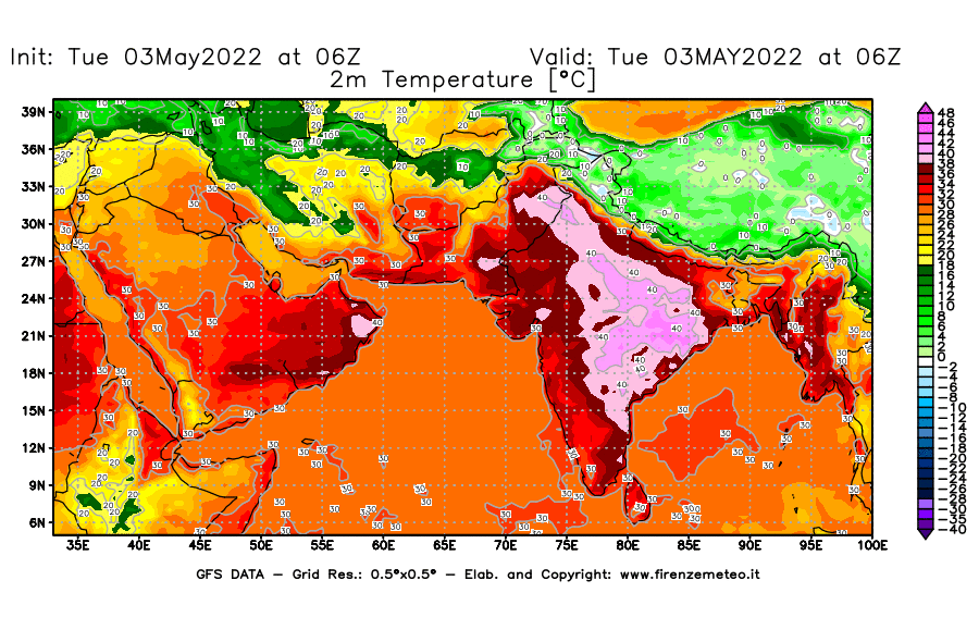 Mappa di analisi GFS - Temperatura a 2 metri dal suolo [°C] in Asia Sud-Occidentale
									del 03/05/2022 06 <!--googleoff: index-->UTC<!--googleon: index-->