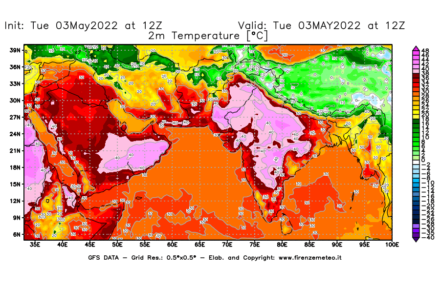 Mappa di analisi GFS - Temperatura a 2 metri dal suolo [°C] in Asia Sud-Occidentale
									del 03/05/2022 12 <!--googleoff: index-->UTC<!--googleon: index-->