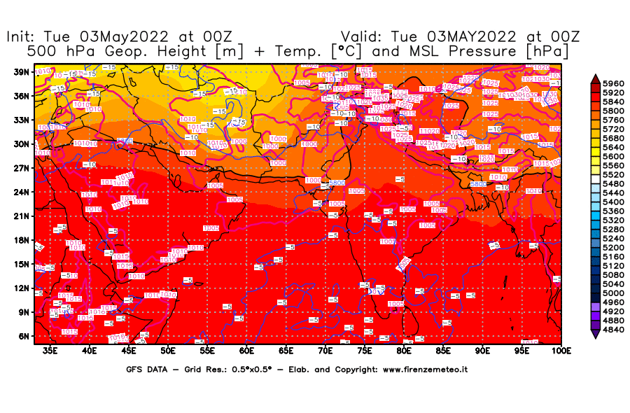 Mappa di analisi GFS - Geopotenziale [m] + Temp. [°C] a 500 hPa + Press. a livello del mare [hPa] in Asia Sud-Occidentale
									del 03/05/2022 00 <!--googleoff: index-->UTC<!--googleon: index-->