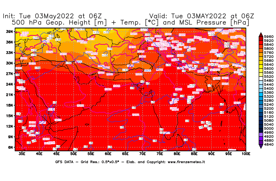 Mappa di analisi GFS - Geopotenziale [m] + Temp. [°C] a 500 hPa + Press. a livello del mare [hPa] in Asia Sud-Occidentale
									del 03/05/2022 06 <!--googleoff: index-->UTC<!--googleon: index-->