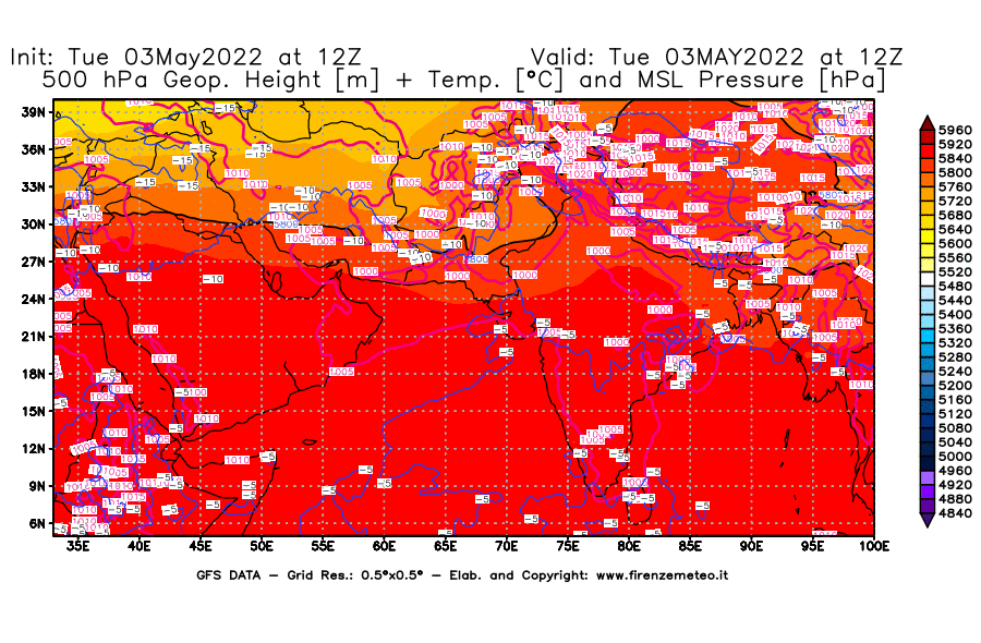Mappa di analisi GFS - Geopotenziale [m] + Temp. [°C] a 500 hPa + Press. a livello del mare [hPa] in Asia Sud-Occidentale
									del 03/05/2022 12 <!--googleoff: index-->UTC<!--googleon: index-->