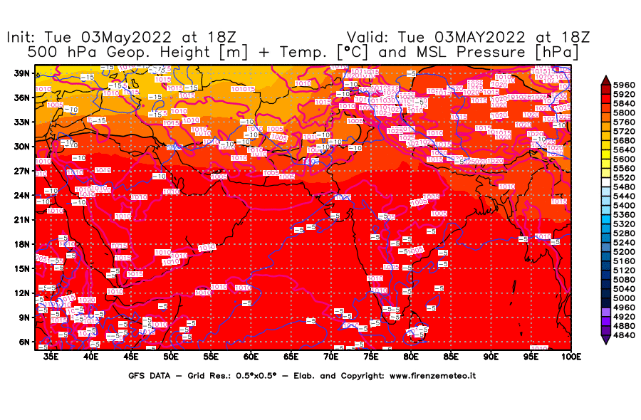 Mappa di analisi GFS - Geopotenziale [m] + Temp. [°C] a 500 hPa + Press. a livello del mare [hPa] in Asia Sud-Occidentale
									del 03/05/2022 18 <!--googleoff: index-->UTC<!--googleon: index-->