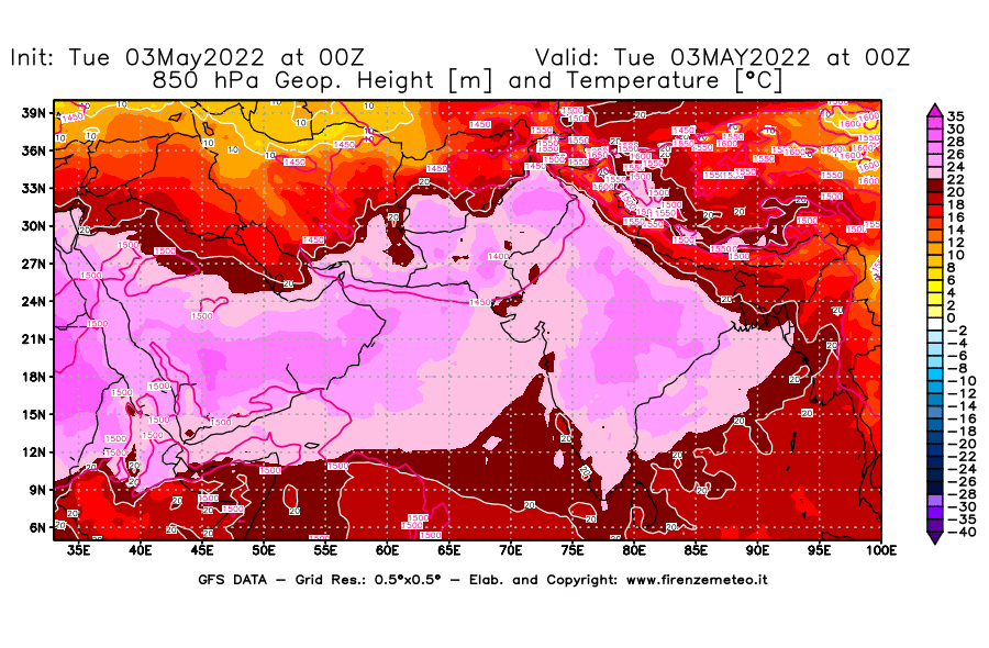 Mappa di analisi GFS - Geopotenziale [m] e Temperatura [°C] a 850 hPa in Asia Sud-Occidentale
									del 03/05/2022 00 <!--googleoff: index-->UTC<!--googleon: index-->