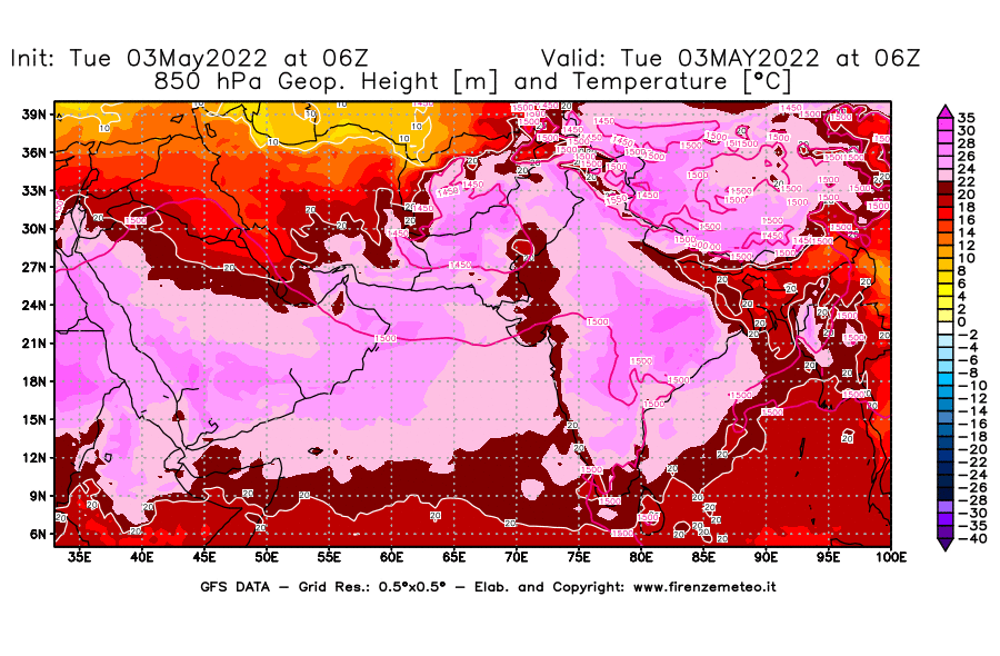 Mappa di analisi GFS - Geopotenziale [m] e Temperatura [°C] a 850 hPa in Asia Sud-Occidentale
									del 03/05/2022 06 <!--googleoff: index-->UTC<!--googleon: index-->