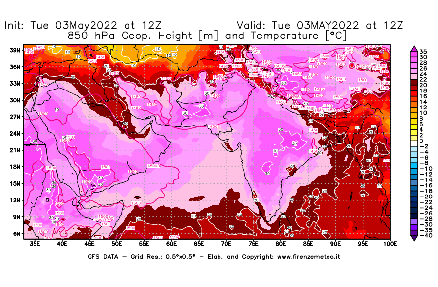 Mappa di analisi GFS - Geopotenziale [m] e Temperatura [°C] a 850 hPa in Asia Sud-Occidentale
									del 03/05/2022 12 <!--googleoff: index-->UTC<!--googleon: index-->