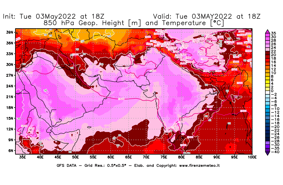 Mappa di analisi GFS - Geopotenziale [m] e Temperatura [°C] a 850 hPa in Asia Sud-Occidentale
									del 03/05/2022 18 <!--googleoff: index-->UTC<!--googleon: index-->