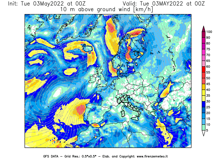 Mappa di analisi GFS - Velocità del vento a 10 metri dal suolo [km/h] in Europa
									del 03/05/2022 00 <!--googleoff: index-->UTC<!--googleon: index-->