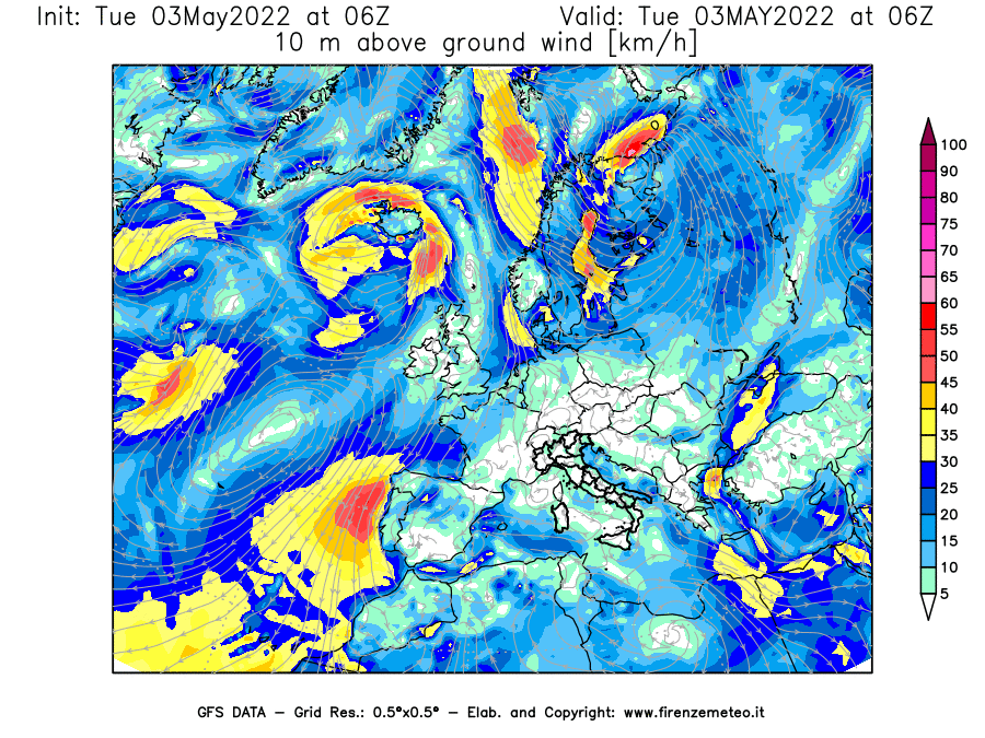 Mappa di analisi GFS - Velocità del vento a 10 metri dal suolo [km/h] in Europa
									del 03/05/2022 06 <!--googleoff: index-->UTC<!--googleon: index-->
