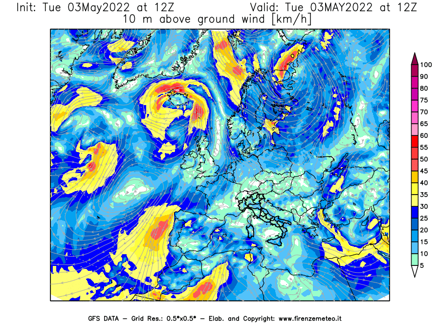 Mappa di analisi GFS - Velocità del vento a 10 metri dal suolo [km/h] in Europa
									del 03/05/2022 12 <!--googleoff: index-->UTC<!--googleon: index-->